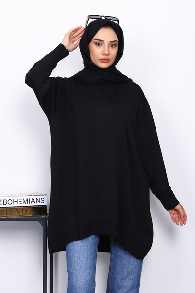 İmajButik تونيك أسود برقبة دائرية من قماش الميرسيريزد