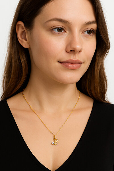 Bittox Kişiye Özel Taşlı Altın Renkli Paslanmaz Çelik Harfli Kolye-Günlük Kul...