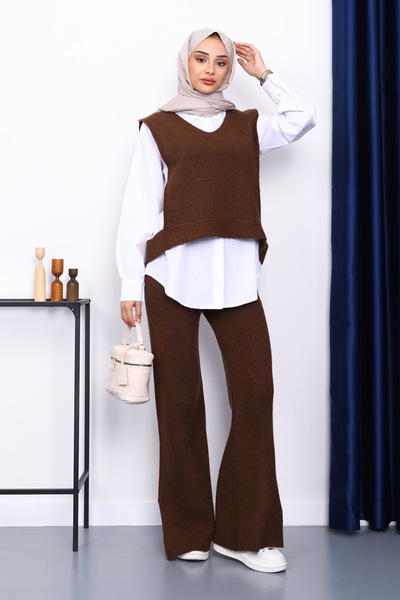 İmajButik Brown Shirt Triple Knitwear Set