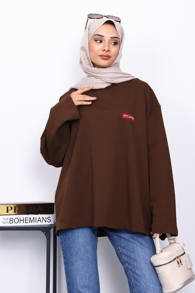 İmajButik Brown Crew Neck Two Thread Oversize Sweatshirt