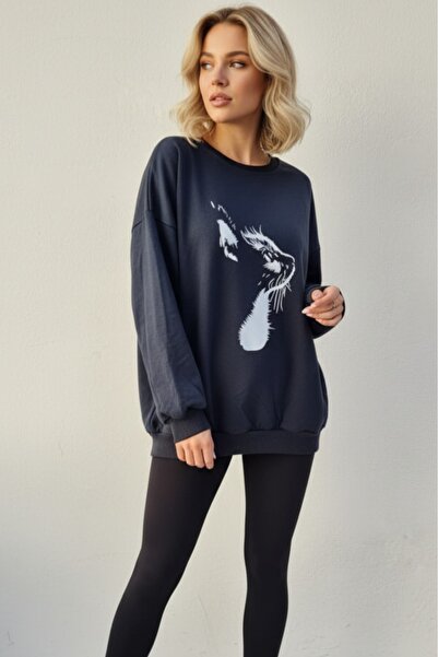 KOZİA OUTDOORS Γυναικείο φούτερ με στάμπα γάτας, oversized, με λαιμόκοψη ποδη...