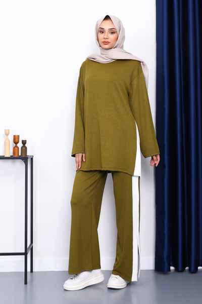 İmajButik Oil Green Color Block Modal Tunic Trouser Suit