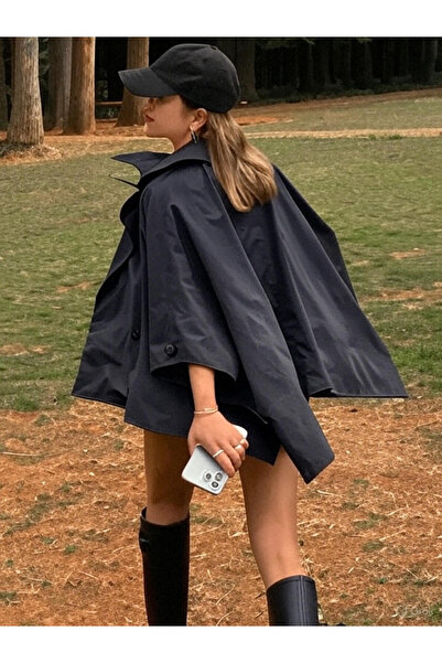 Genel Markalar Siyah Yarasa Kol Detay Yakalı Düğmeli Rahat Kalıp Oversize Midi Boy Trençkot WOHOME