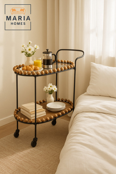MARIA HOMES Brown & Black Oval Serving Trolley with Wooden Beads – 2-Tier Tea & Coffee Cart 70×40×84 cm