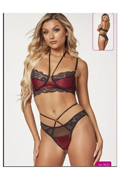 For Dreams Σετ εσωρούχων από σατέν με λεπτομέρεια από δαντέλα μπορντό