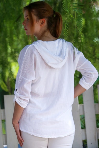 Chiccy Organic Cotton White Hooded Buttoned Long Sleeve Pocketed Mesh Detailed Appliqued Woven Jacket 70 60