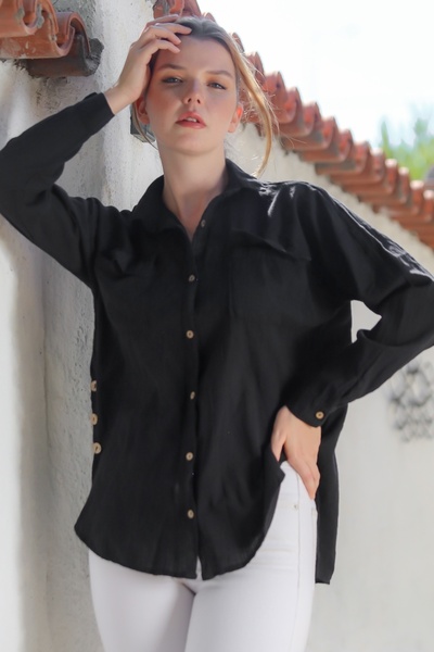 Chiccy Organic Cotton Black Shirt Collar Long Sleeve Double Flap Pocket Long Woven Back Shirt 70 65