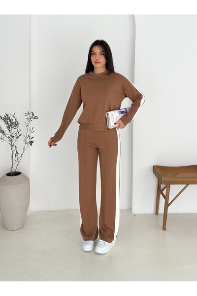 fiolin Modal Fabric Side Stripe Tracksuit Set Milk Coffee