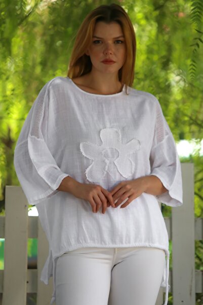 Chiccy Organic Cotton White Pool Collar 3/4 Sleeve Mesh Detailed Appliqued Long Back Oversize Woven Blouse 70 68