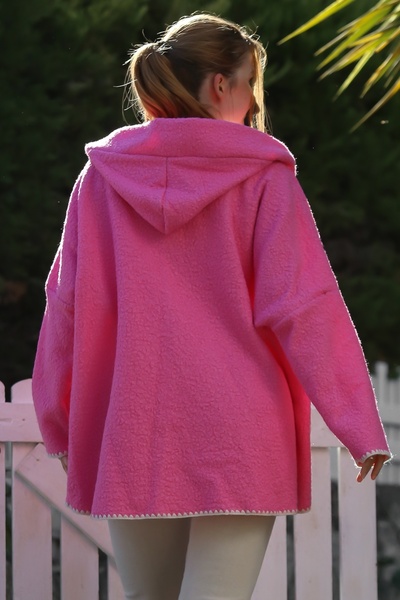 Chiccy Italian Fuchsia Hooded Long Sleeve Zippered Pocket Shepherd Stitch Oversized Woven Jacket 78 75