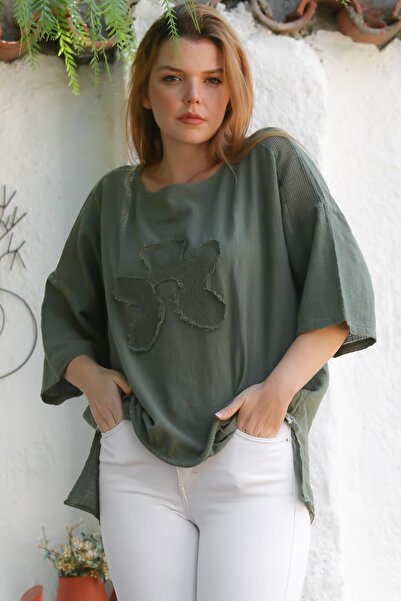 Chiccy Organic Cotton Khaki Pool Collar 3/4 Sleeve Mesh Detailed Appliqued Long Back Oversize Woven Blouse 70 68
