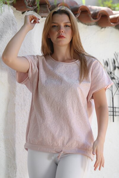 Chiccy Italian Powder Round Neck Low Sleeve Tie-Up Allover Embroidered Cotton Woven Blouse 68 65