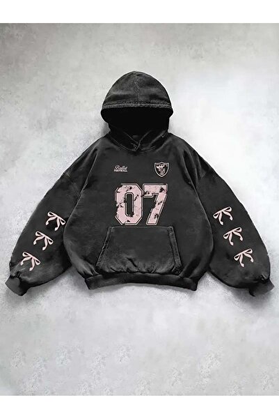 Touz Moda Yıkamalı 07 Retro Baskılı Vintage Kapüşonlu Sweatshirt