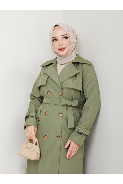 Vibeys Collection Women's Lined Trench Coat with Button Detail on the Back