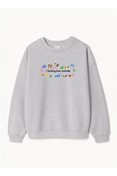 Disante Women's Oversize Fit Sweatshirt I F*Cking Love Animals Printed – Crew Neck, 3 Thread Fleece