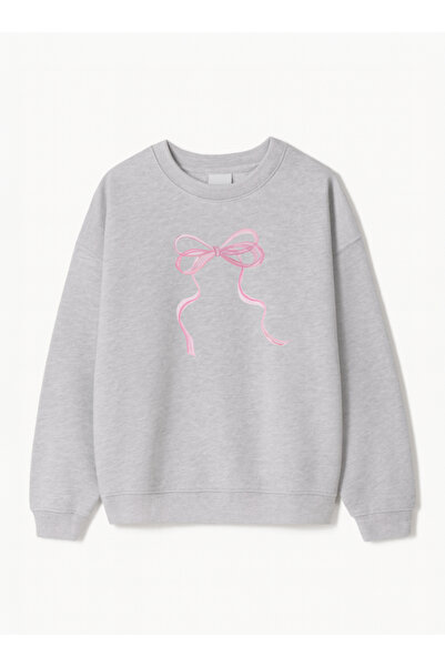 Disante Women's Oversize Fit Sweatshirt with Thin Ribbon Print – Crew Neck, 3 Thread Fleece