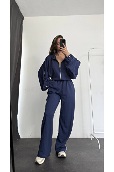nona butik Haley Striped Tracksuit Set - Navy Blue