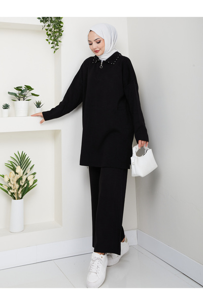 MY QILAM Γυναικείο Σετ Χιτζάμπ με φερμουάρ, Πέρλες Λεπτομερείς ΠλεκτέςΠλεκτέ