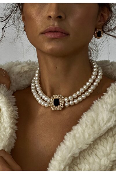 FloresDeCarnaval Siyah Taş Detaylı İkili Vintage İnci Kolye ve Küpe Seti