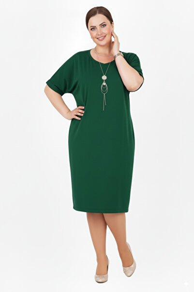 Barato Linen Plus Size Pocket Detailed Green Premium Dress