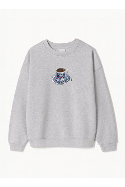 Disante Women's Oversize Fit Sweatshirt Turkish Coffee 2 Printed – Crew Neck, 3 Thread Fleece