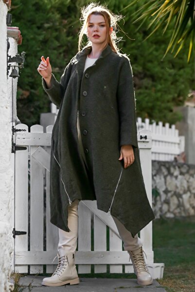 Chiccy Italian Khaki Judge Collar Long Sleeve Zippered Hidden Pocket Cashmere Oversize Woven Coat 105 70