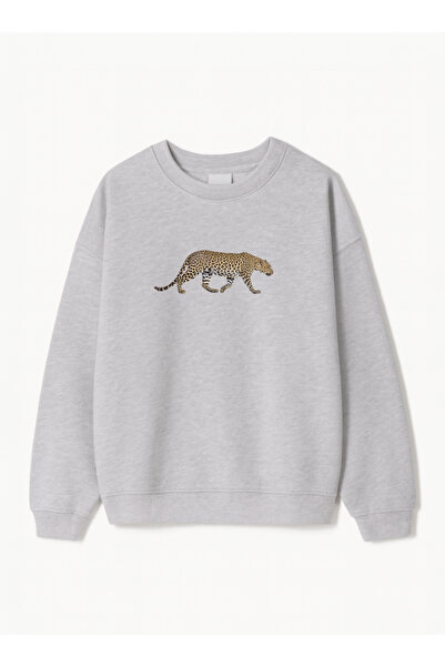 Disante Women's Oversize Fit Sweatshirt Leopard Printed – Crew Neck, 3 Thread Fleece