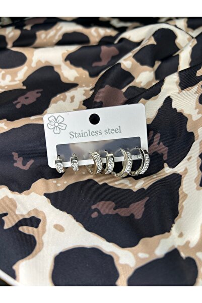 tahtakaletoptan Silver renkli taşlı çelik halka küpe seti 3lü