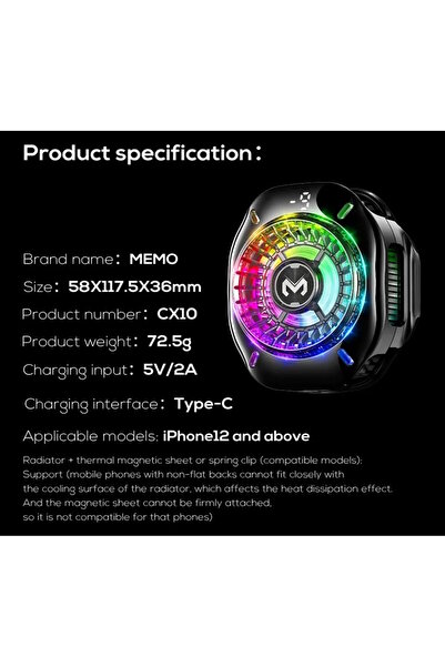 m.tk moveteck Memo CX10 Telefon Soğutucu Fan Radyatörlü Magsafe Aparatlı Power Farklı Derece Ayarlı Rgb Işıklı Fan