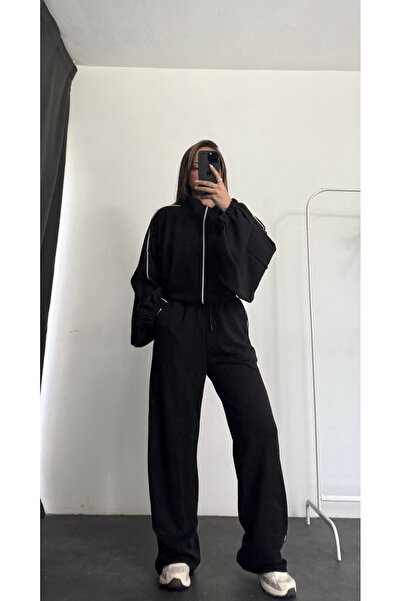 nona butik Haley Striped Tracksuit Set - Black