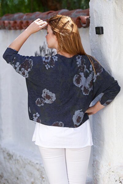 Chiccy Italian Navy Blue Pool Collar Long Sleeve Patterned Thin Two-Piece Set Inside Sleeveless Combed Knitwear Blouse 70 60