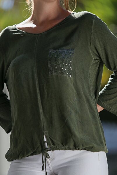 Chiccy Haki Havuz Yaka Uzun Kol Bağlamalı Pullu Cepli Dokuma Bluz 70 60