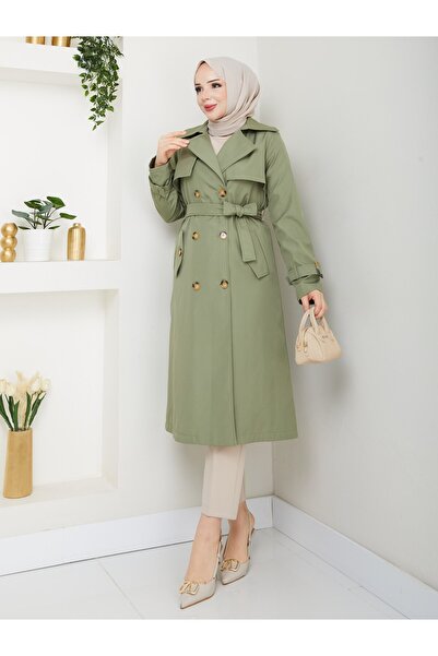 Vibeys Collection Women's Lined Trench Coat with Button Detail on the Back