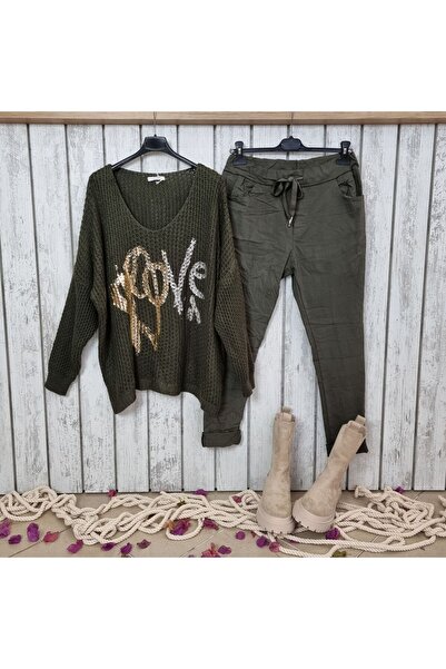 pudubutik Oversize Thick Knitted Openwork Sweater Italian Khaki