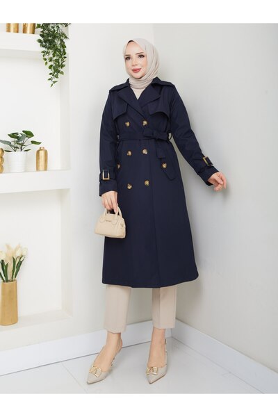 Vibeys Collection Women's Lined Trench Coat with Button Detail on the Back