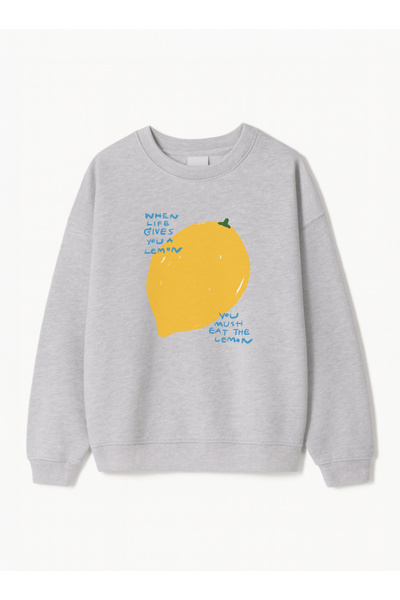 Disante Women's Oversize Fit Sweatshirt Eat the Lemon Printed – Crew Neck, 3 Thread Fleece