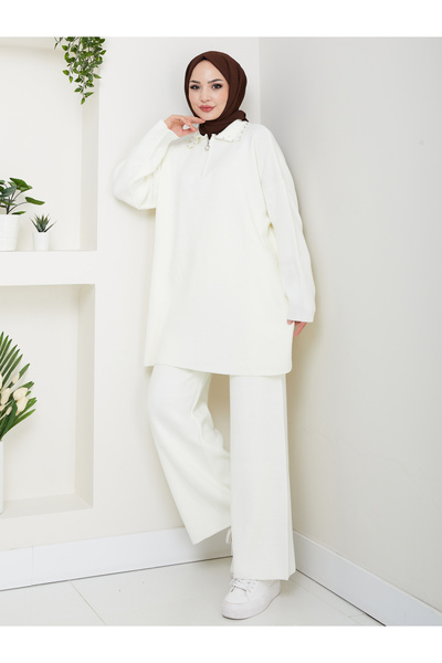 MY QILAM Women's Hijab Set Zippered Pearl Detailed Shirt Collar Knitwear Bottom Top Set Ecru