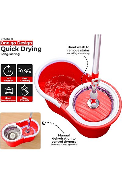 BUNCA Easy Wring and Clean Spin Mop and Bucket Set, Floor Mop with Spin Wringer and Microfiber Head, Red