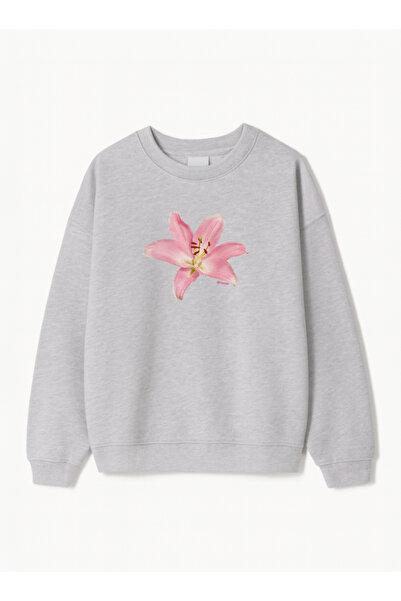 Disante Women's Oversize Fit Sweatshirt Lily Printed – Crew Neck, 3 Thread Fleece