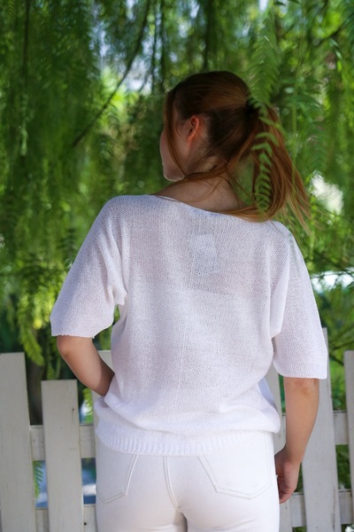Chiccy White V-Neck 3/4 Sleeve Slim Back Long Crop Fit Knitwear Blouse 50 60