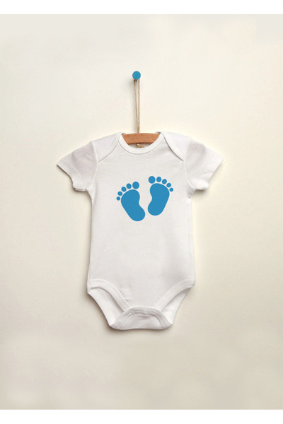 MODA بدلة أطفال قطنية 100% مطبوعة بتصميم آثار أقدام الأولاد مع أزرار كبس