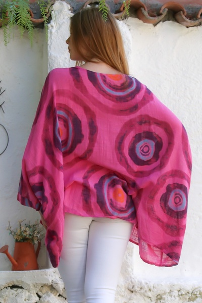 Chiccy Italian Fuchsia Pool Neckline Batwing Sleeve Geometric Patterned Linen Oversize Woven Tunic 80 120