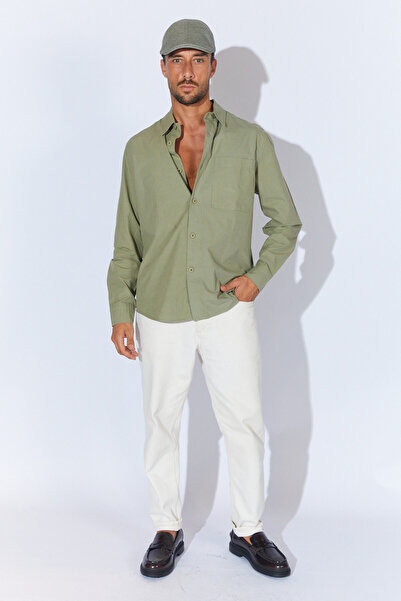 Manche Logo Baskılı Tek Cepli Gömlek - Haki | MEW123011-01