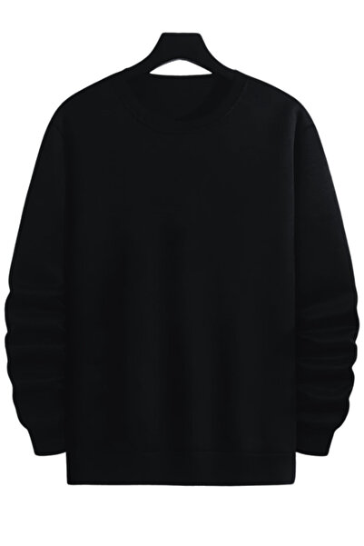 RUTBİL SPORTS Erkek Düz Siyah Baskısız Bisiklet Yaka Oversize Sweatshirt Sweat Erkek Spor GYM Fitness Sweatshirt