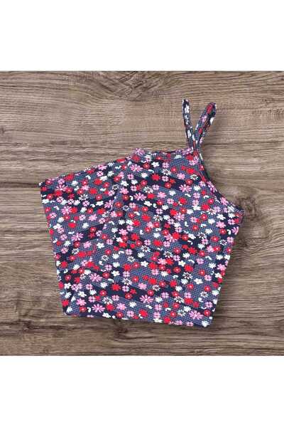 ESTA STORE Navy Blue Red Pink Floral Patterned Strap Tank Top