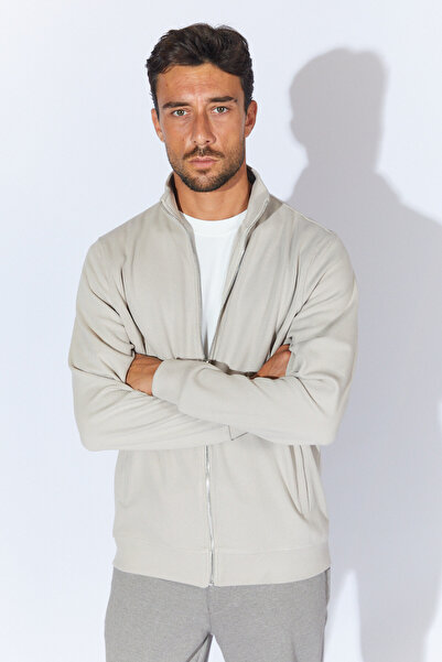 Manche Fitilli Balıkçı Yaka Fermuarlı Cepli Hırka - Taş | MEW224994-01