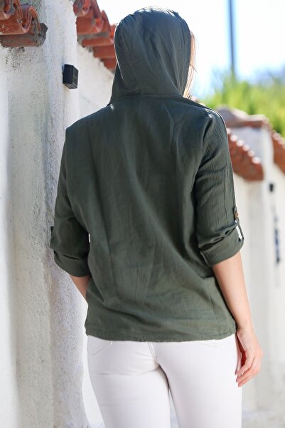 Chiccy Organic Cotton Khaki Hooded Buttoned Long Sleeve Pocketed Mesh Detailed Appliqued Woven Jacket 70 60