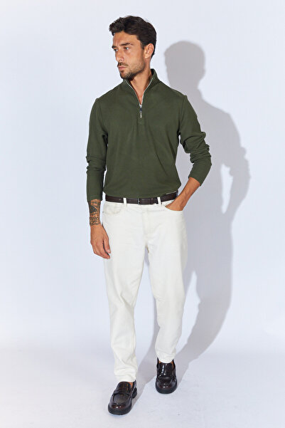 Manche Yarım Fermuarlı Balıkçı Yaka Sweatshirt - Haki | MEW224831-01