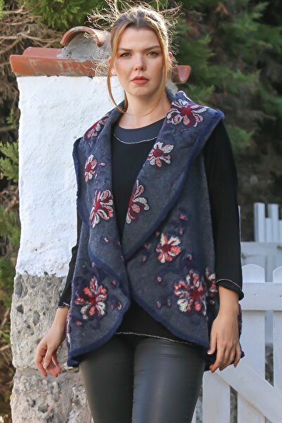 Chiccy Italian Navy Blue Shawl Collar Sleeveless Textured Unfastened No-Pocket Suzene Embroidered Cashmere Woven Vest 75 65