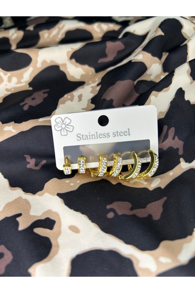 tahtakaletoptan Küçük orta büyük boyutta taşlı halka model 3lü çelik küpe seti